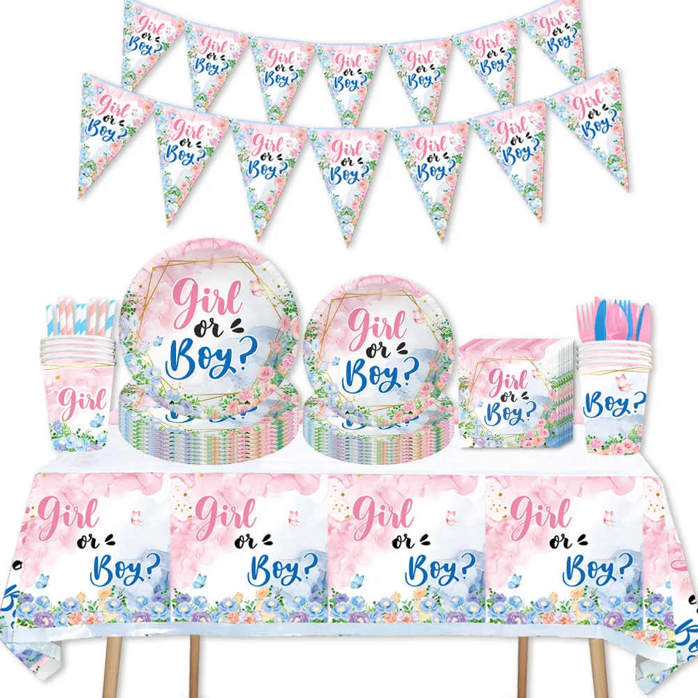 

Gender Reveal Birthday Party Decorations Baby Shower Disposable Paper Cups Plates Straws Napkins Boy or Girl Party Supplies