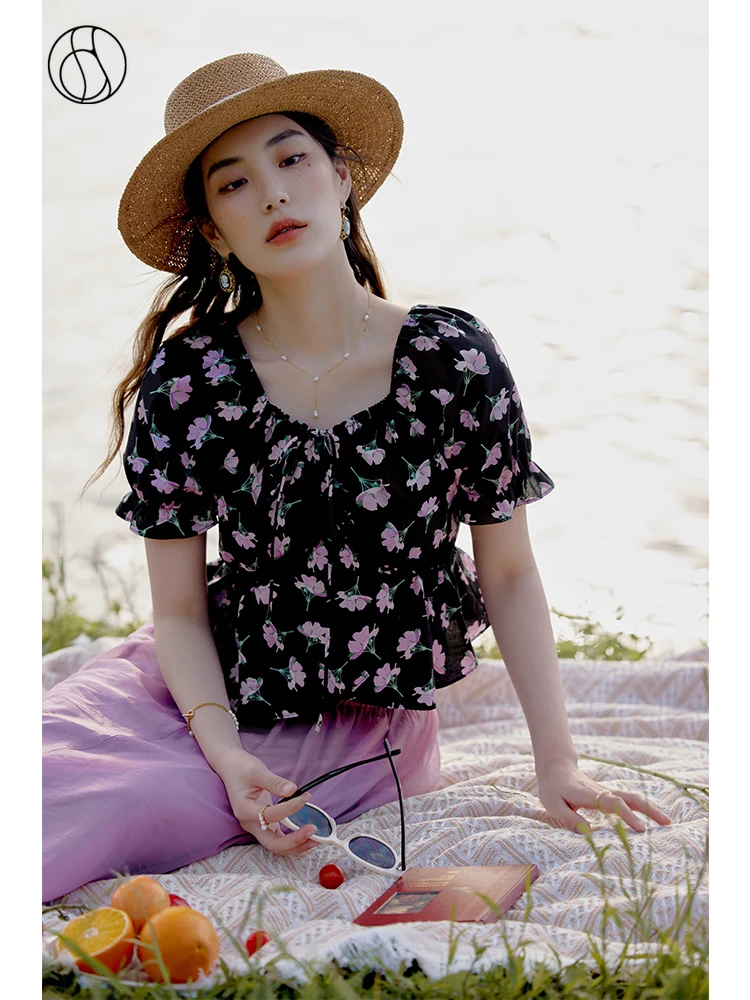 

DUSHU Sweet Style Women Short Puff Sleeve Blouses 100% Cotton Square Neck Female Shirts Summer Purple Floral Women Shirts