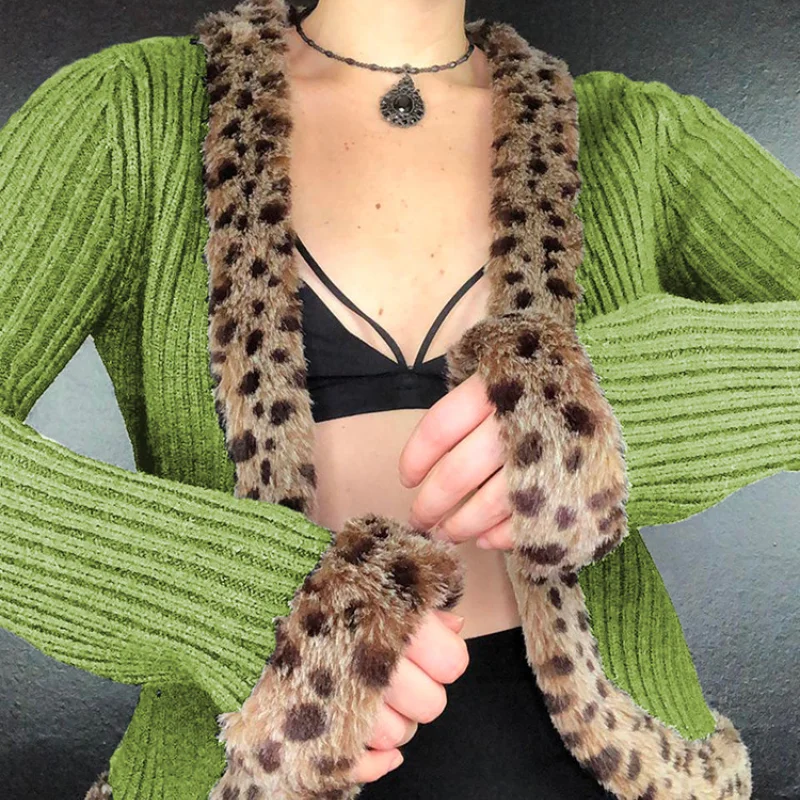 

Зеленый кардиган в стиле ретро Y2K, рубашки, Женская милая одежда с леопардовой меховой отделкой, винтажная сказочная Осенняя верхняя одежда с длинным рукавом для девочек