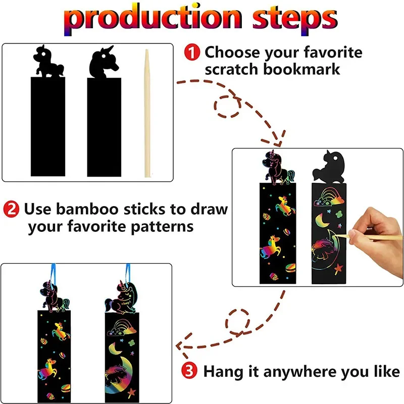 12pcs DIY Cartoon Bookmark Handwriting Scratch Painting Creative Colorful Scratch Paper Children's Painting Art Supplies