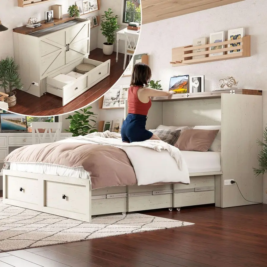 XMSJ Queen Murphy Bed with Storage and Charging Station Photo 4