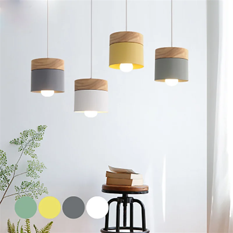 

Modern Wood Iron Pendant Lights Nordic Colorful Minimalist Living RoomCoffee Bedroom Led Indoor Decor Hanging Lamps E27