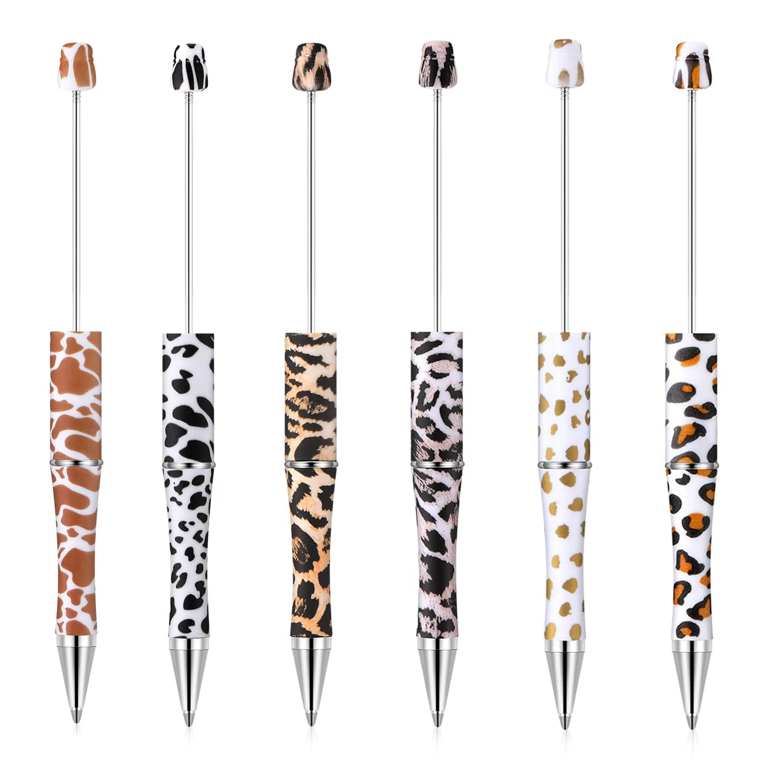 6Pcs DIY Beaded Pen Creative Print Flower Pattern Beaded Ballpoint Pens Leopard Print Cow Spot Beaded Gift Pen School Pen