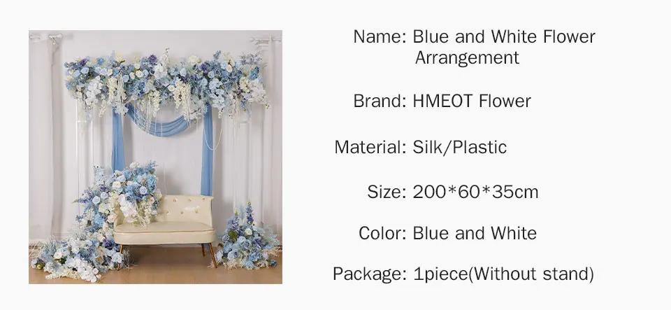 Description Picture 4 of itemBlue White Orchid Mist Pampas Grass Sofa Table Runner Flower Row Wedding Backdrop Frame Deco Aisle Floor Floral Arrangement Prop
