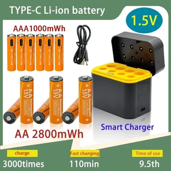 Caricabatterie Intelligente con 4+4 Slot e Indicatore LED, Caricatore USB per Batterie Ricaricabili al Litio 1.5V, Caricabatterie per Batterie AAA/AA