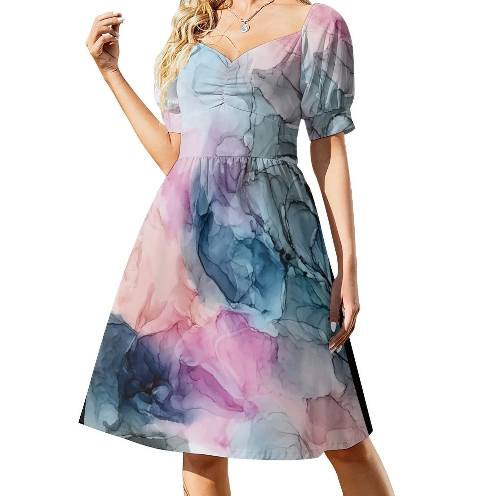thumbnail image 1 of Pasteles Celestiales 1: Vestido de manga corta con pintura abstracta de tinta, traje de verano para mujer, ropa de mujer, 1 of 7