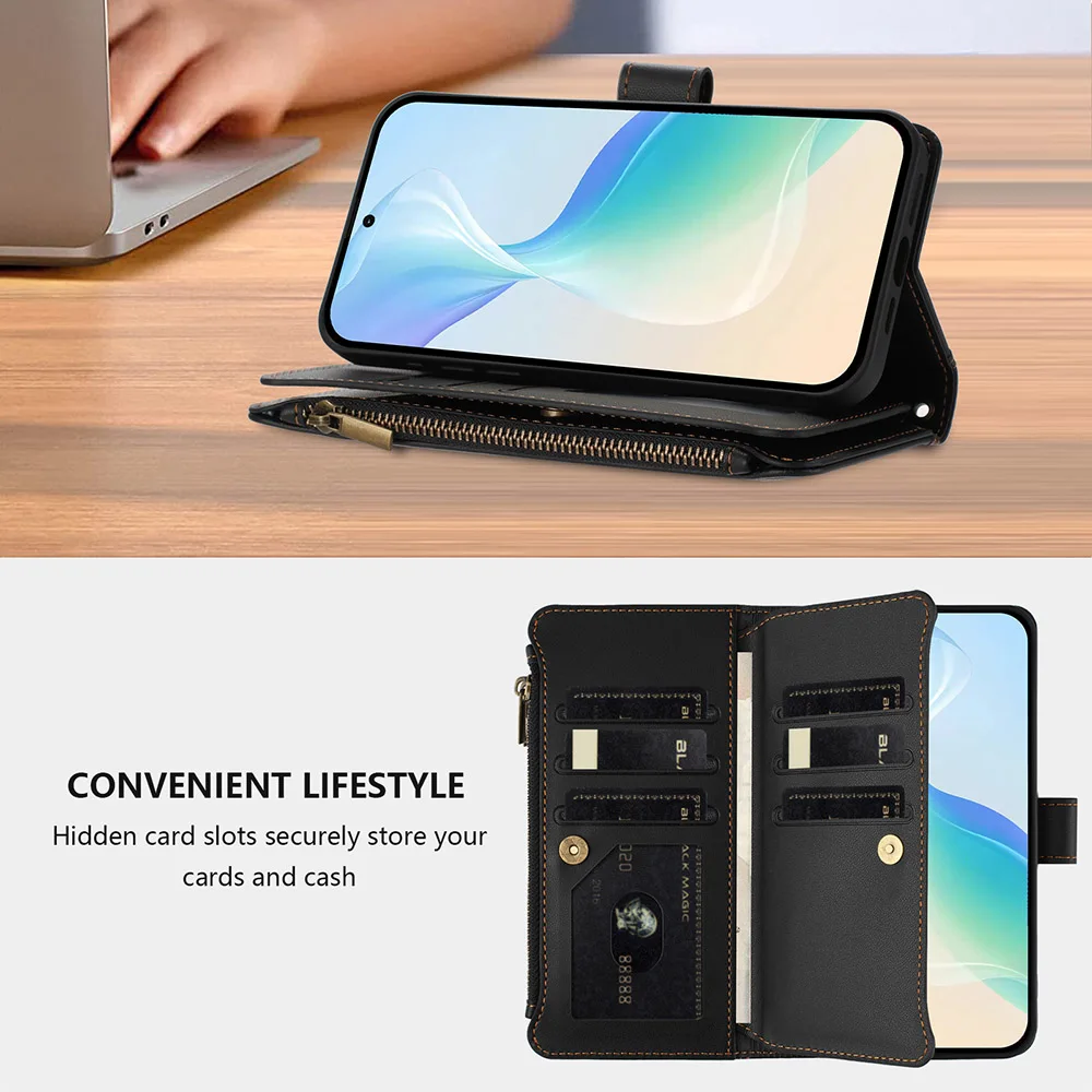 Leather Crossbody Card Wallet Phone Cover with Wrist Strap