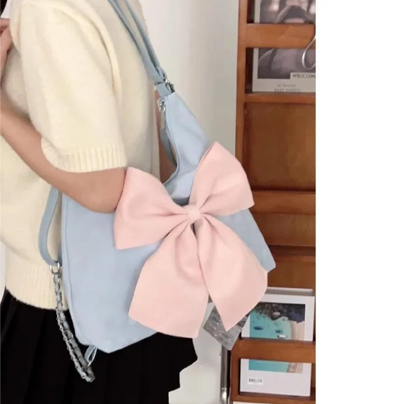 Xiuya Pink Bow Womens Shoulder Bag Korean Style Fashion Large Capacity Sweet Backpack Cute Exquisite Elegant New Female Tote Bag