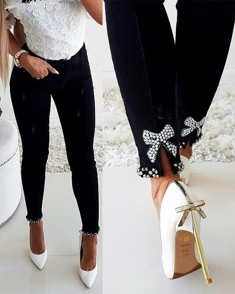 Slim trousers bowknot bubble beads and bow stretch high waist slim fit women's jeans commuter leisure blue jeans