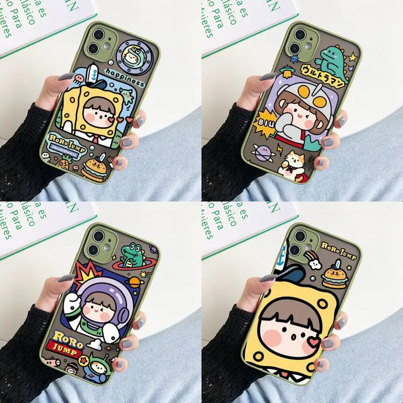 Cartoon Cute Girl Custodia Per Telefono Custodia Per Iphone 11 12 13 Pro Max X Xs Max Xr 6S 8 7 Plus Matte Army Green Cover Posteriore