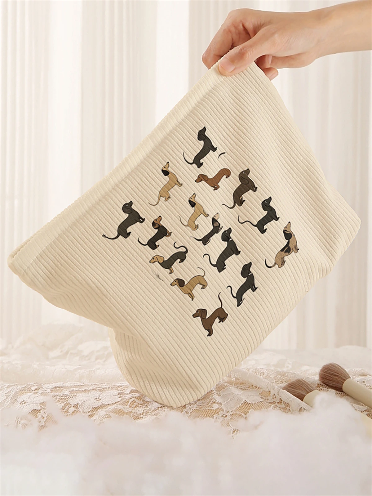 1pc cartoon dog pattern printed corduroy makeup bag, lightweight zipper makeup storage box, multifunctional bag with lining