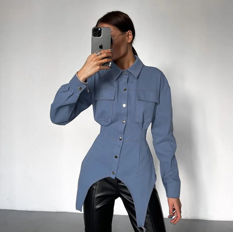 Lapel Patchwork Fashion Shirts For Women Slim Long Sleeve Pocket High Waist Autumn 2025 Cardigan Vintage Shirts Streetwear