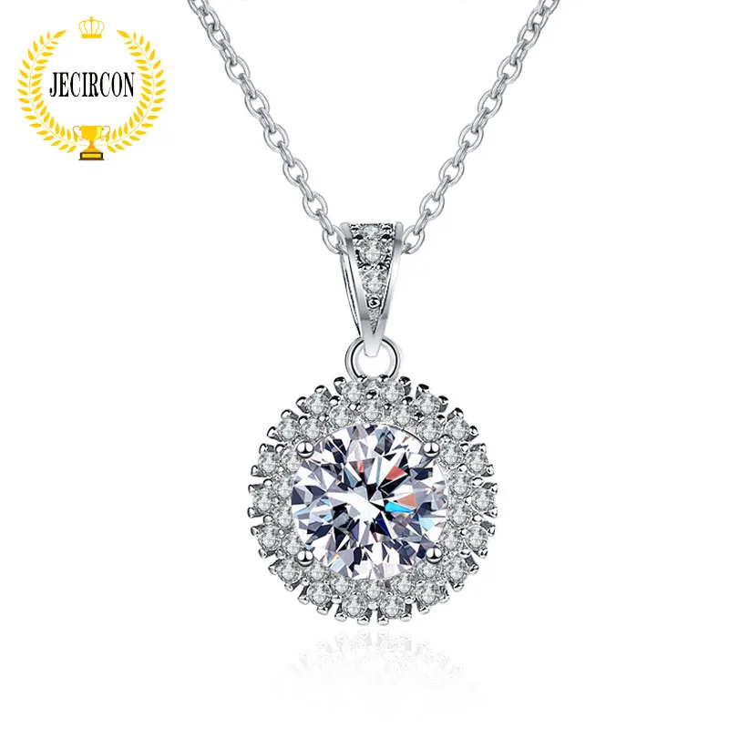 

JECIRCON 925 Sterling Silver Sunflower Pendant Necklace for Women Simple Fashion 1 Carat Moissanite Round Diamond Clavicle Chain