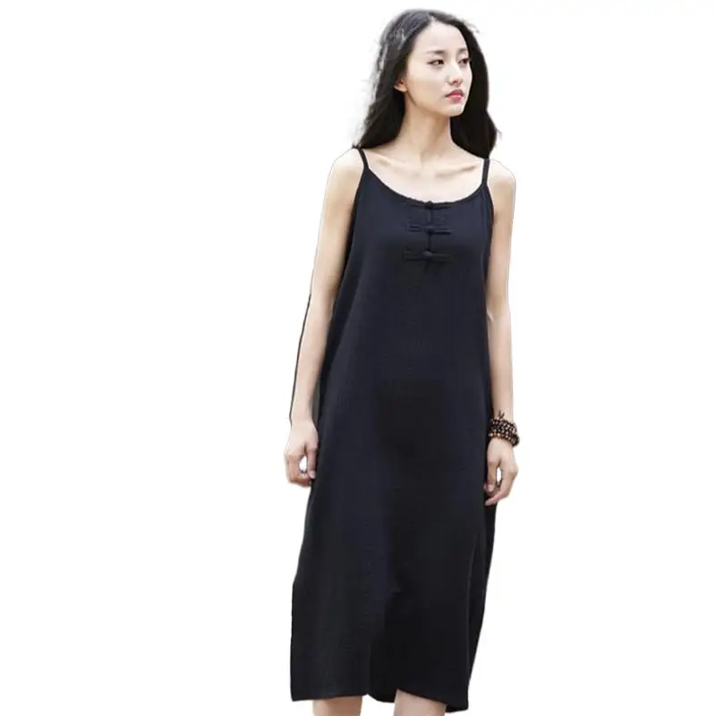 

2024 Summer Retro Cotton Linen Women Dress Pullover Brief Long Slip Dresses Split Hem Sexy Sling Dresses Large Size Vestidos