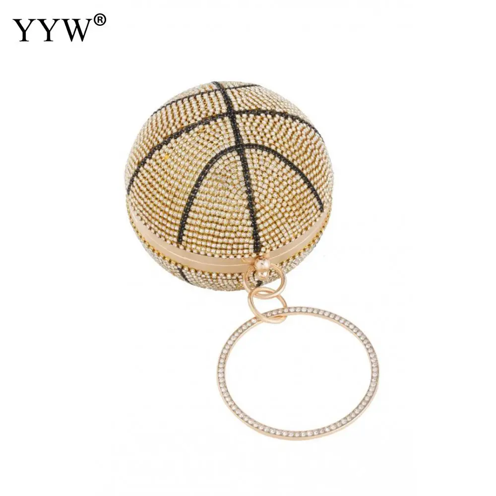 Fashion 3D Diamond Basketball Round Ball Gold Clutch Purses For Women Evening Rhinestone Handbags Ladies Party Dinner Totes Bag