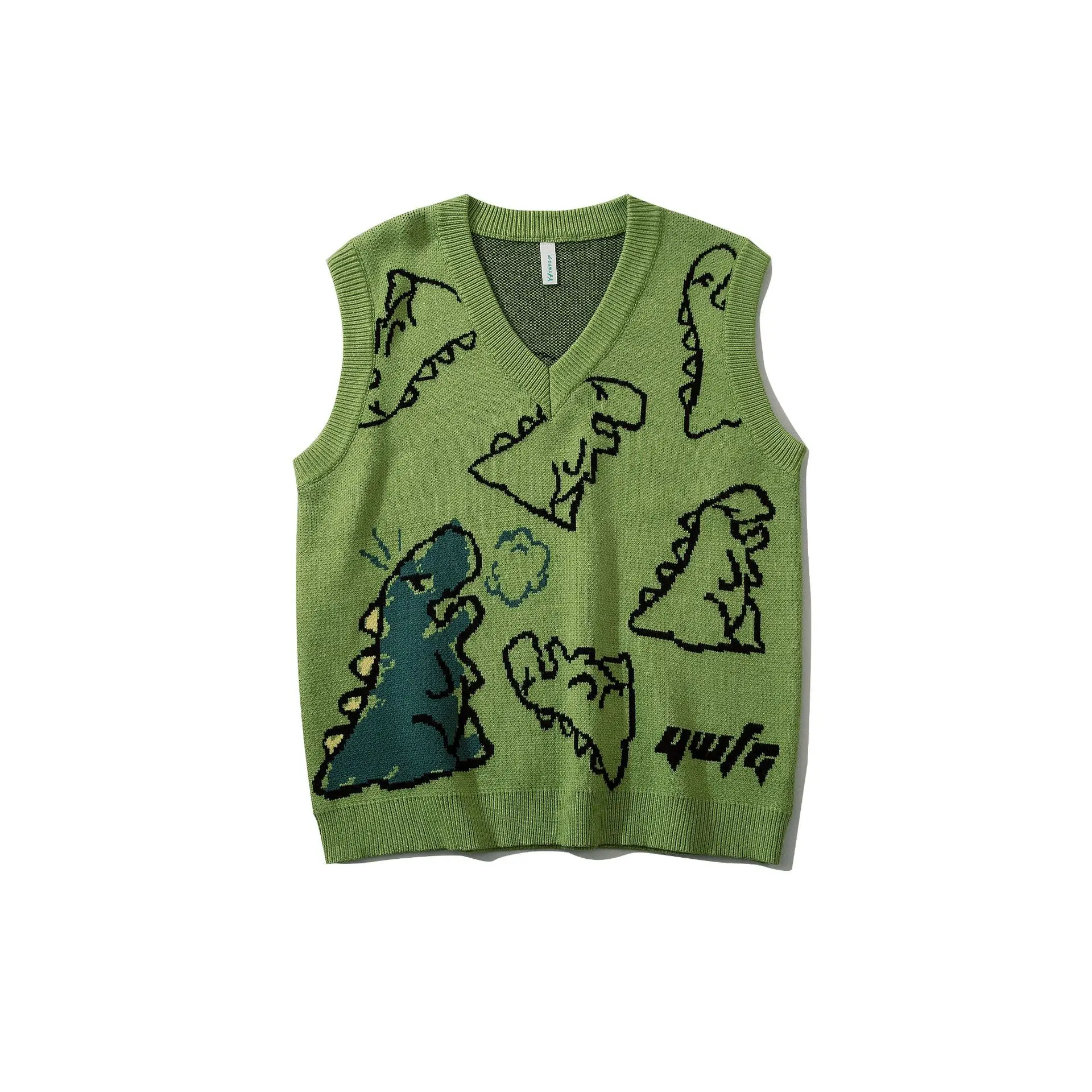 2022 New V Collar Vest Dinosaur Sweater Men's Spring Autumn Cartoon Couple Sweater Vest Sleeveless Sweater Fashion Green Vest