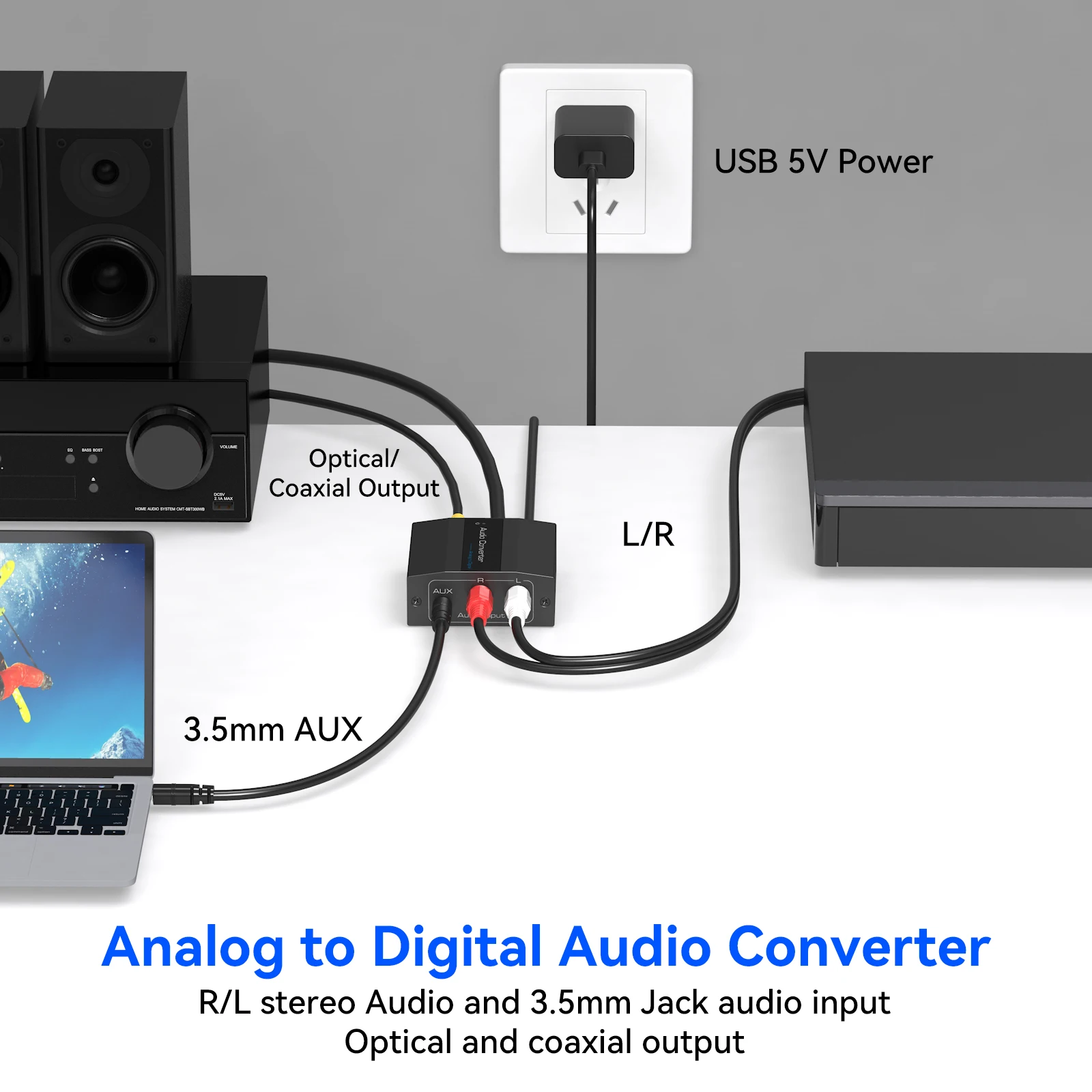 Analog to Digital Audio Converter RCA to Optical Converter R/L