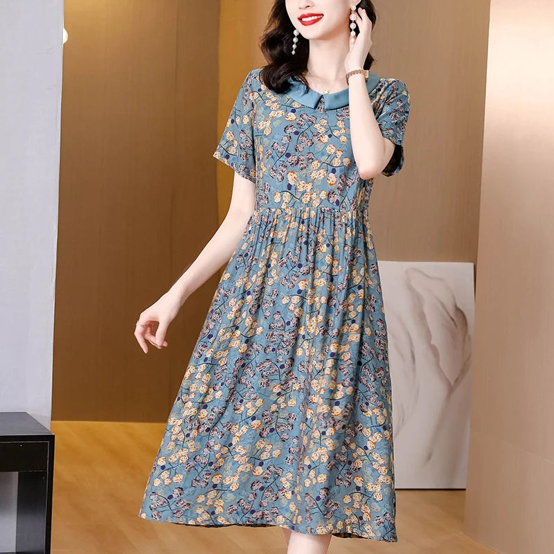 Fashion Floral Silk Doll Collar Midi Dress Summer Short Sleeve Light Casual Dress Women Korean Vintage Elegant Bodycon Robe