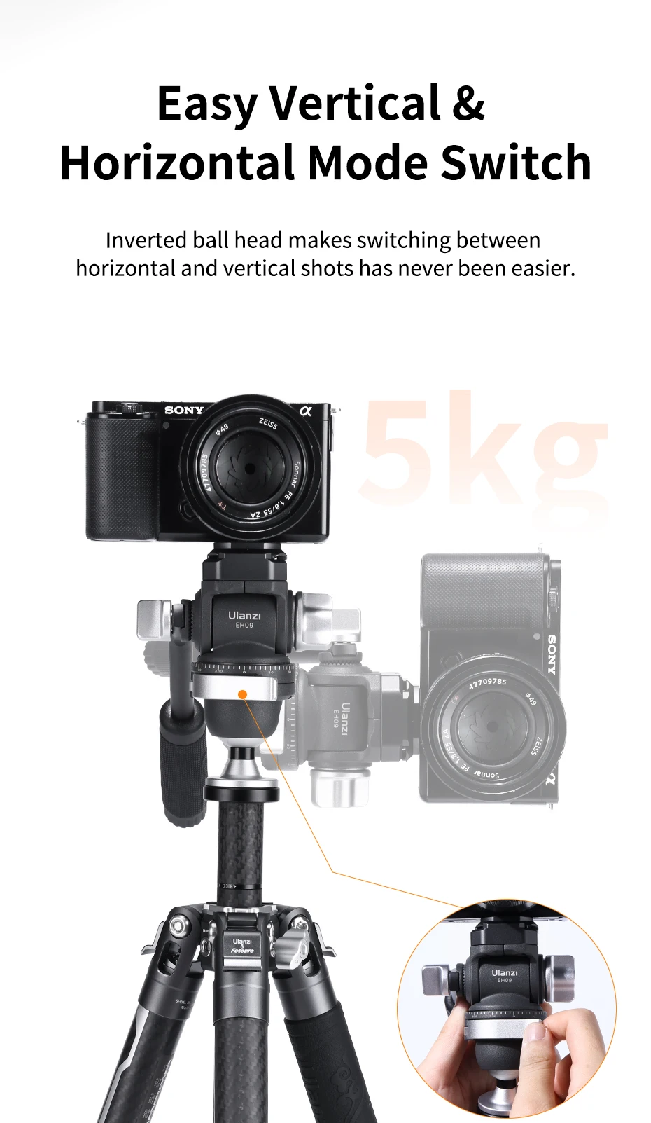 EH09 Inverted Ball Head for Tripod Arca-Swiss Compatible Support Vertical&Horizo