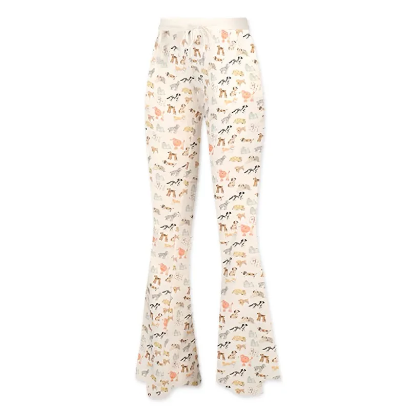 Korean Vintage Cartoon Printed Bootcut Women's Spring and Autumn Elasticized High-waisted Drawstring Loose Casual Flared Pants