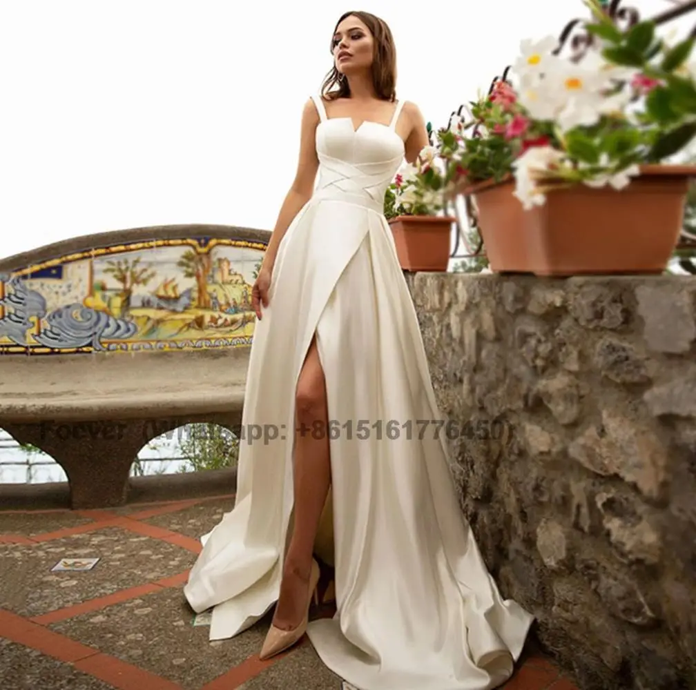 

Simple Strapless A-Line Wedding Dress Sleeveless High Split Backless Bridal Gowns Elegant Satin Court Train Civil Robe De Mariée