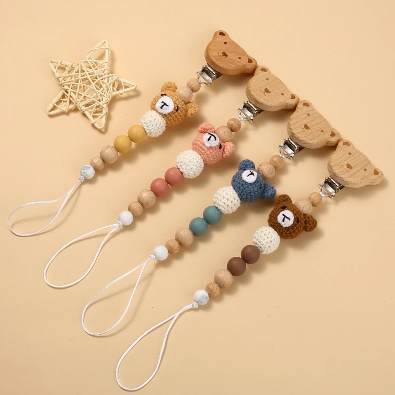 Baby Beech Wood Pacifier Clip Cartoon Animal Crochet Beads Silicone Nipple Chain For Teether Nursing Toys Baby Pacifier Chain