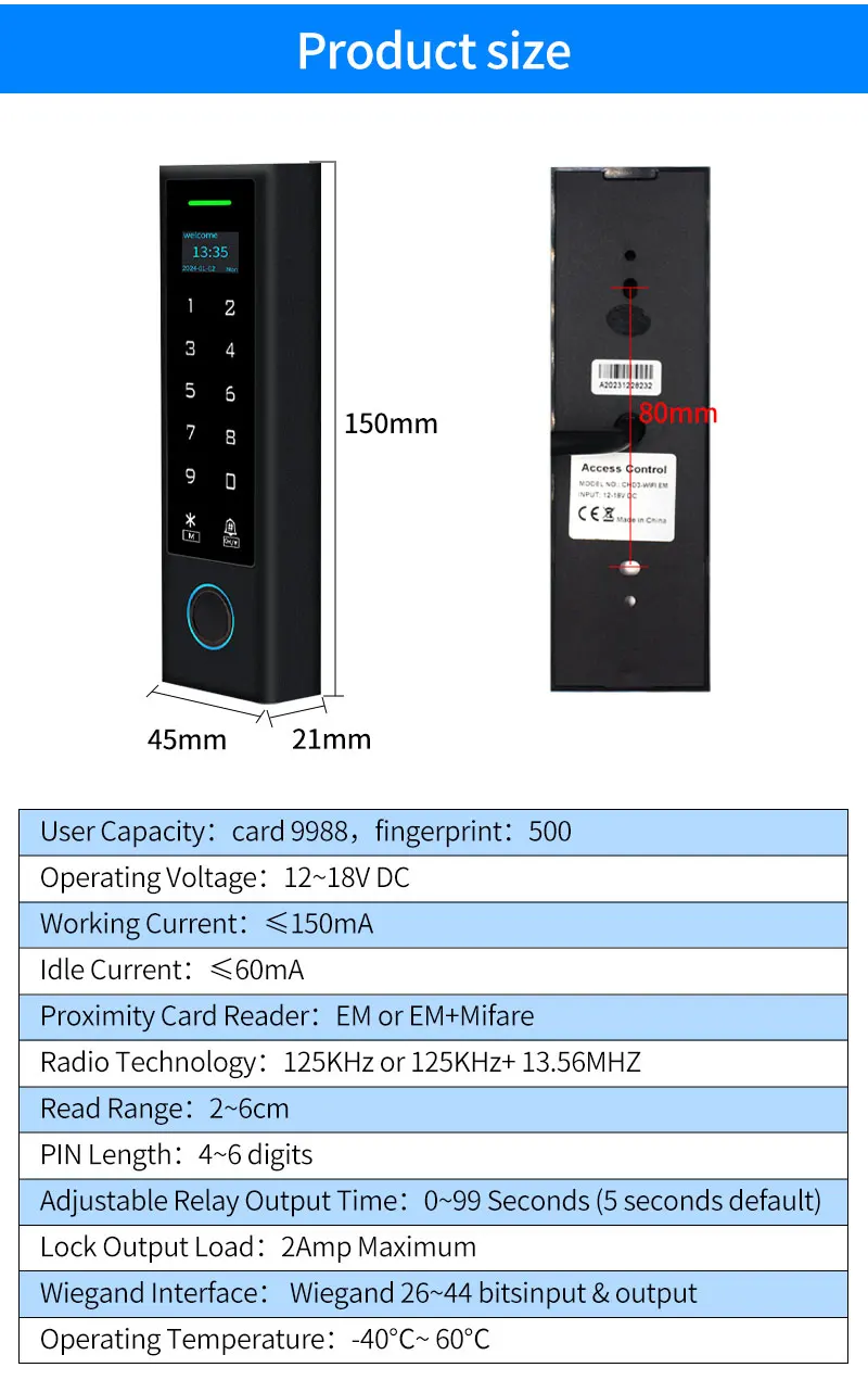 LCD Screen WIFI Tuya Fingerprint Door Access Control Waterproof 125Khz RFID Card