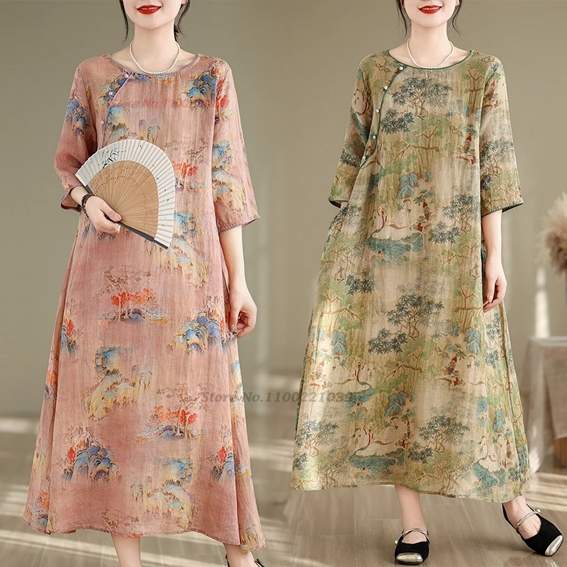 

2024 chinese vintage dress improved a-line cheongsam national flower print o-neck qipao dress oriental elegant folk dress qipao