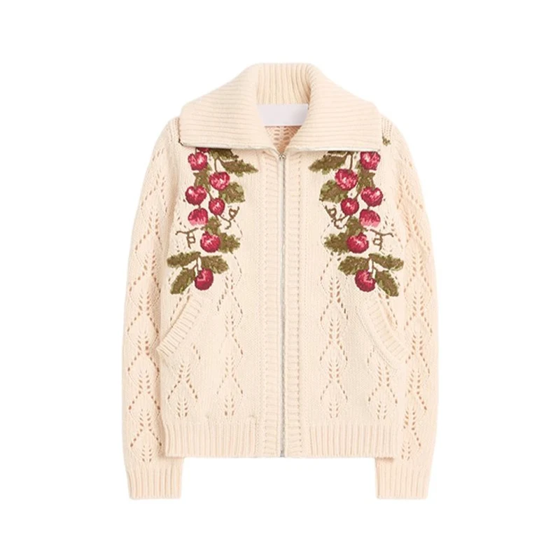NIGO LP Women's Spring And Autumn Lapel Floral Embroidery Long Sleeve Solid Color Knit Cardigan #nigo61528 6
