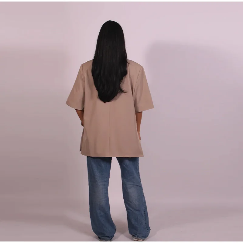 Casual One Button Slit Suit Women Loose Solid Lapel Short Sleeve Pockets Jackets  Summer Lady All-match Commute Outwear New