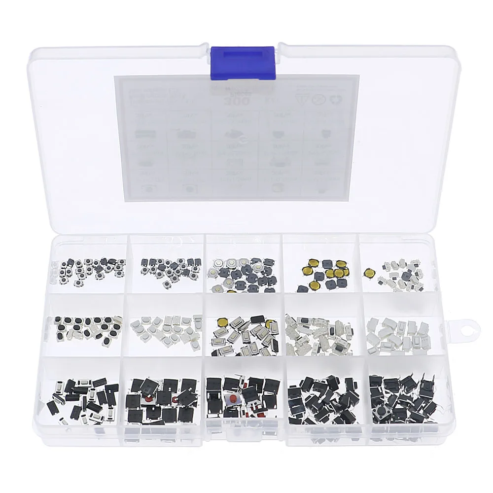 300Pcs 15 가지 유형 촉각 푸시 버튼 스위치 자동차 원격 제어 키 버튼 터치 마이크로 스위치 구색 DIY 키트