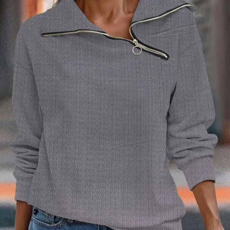 Spring and Autumn Women's Pullover Oblique Neck Zipper Solid Long Sleeve T-shirt Sports Hoodies Fashion Casual Office Lady Tops