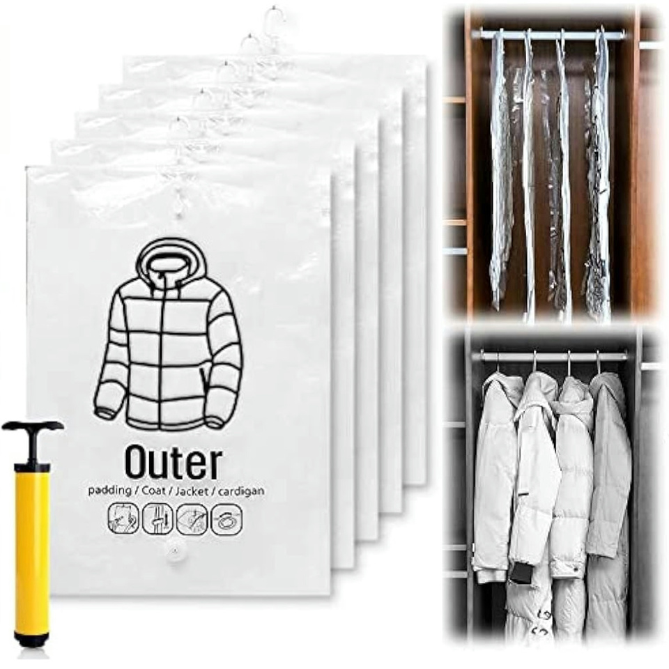 Hanging Vacuum Storage Bag Space Saver Seal Compressed Storage Clothing Bags for Suits, Dress Coats or Jackets, Closet Organizer