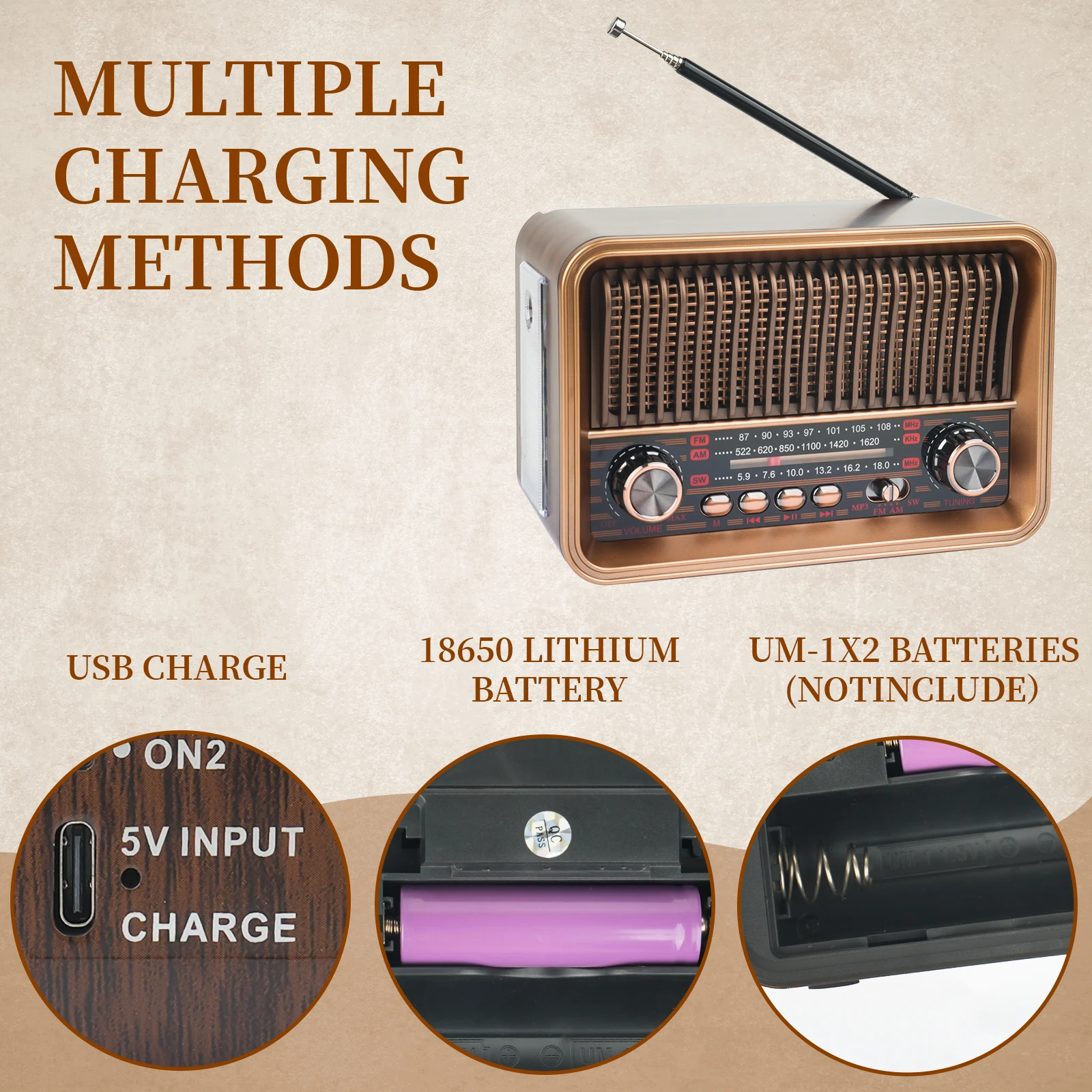 Vintage Wooden Desktop Radio with AM/FM, USB, Rechargeable Battery, and TF Support