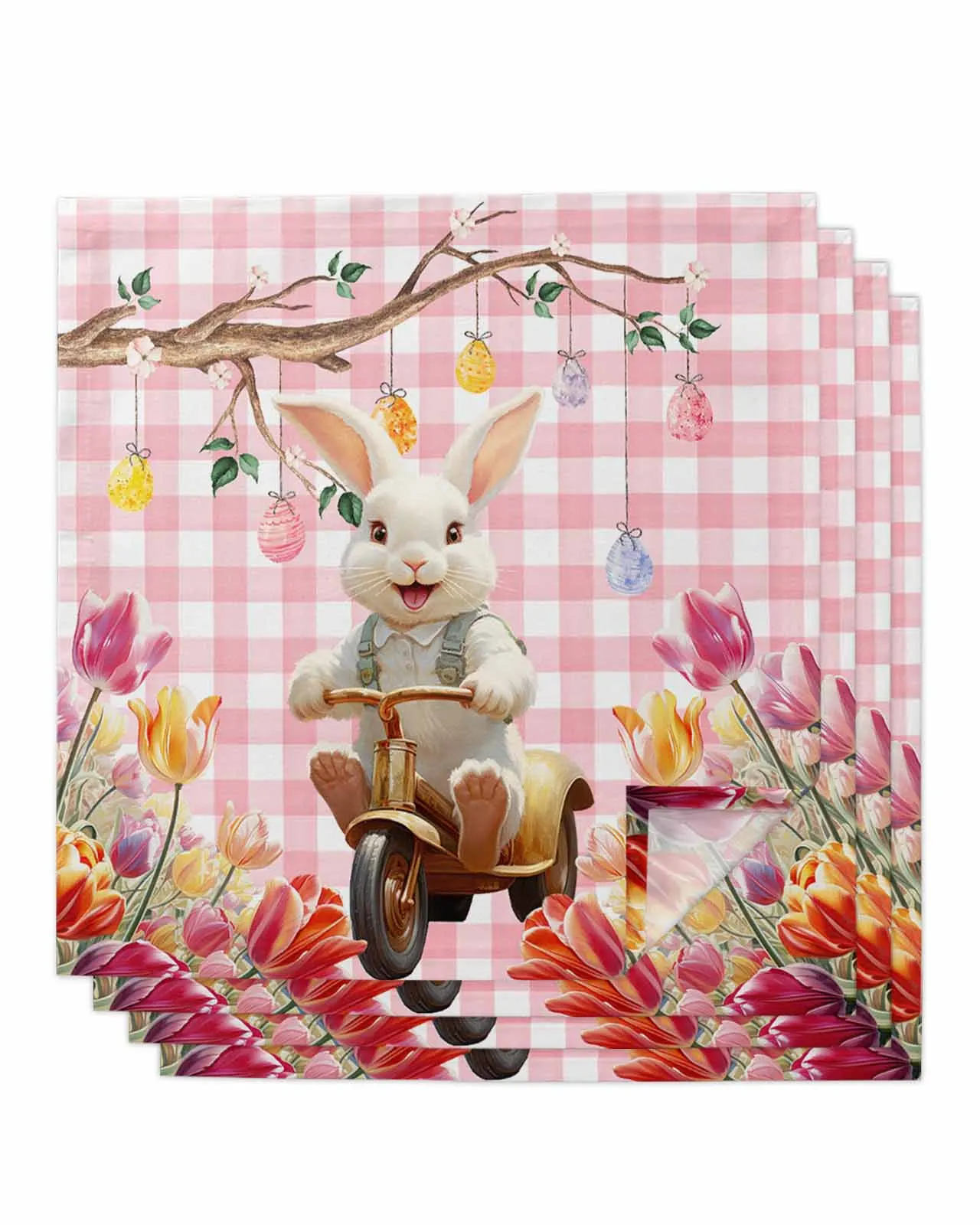 

4pcs Easter Bunny Tulip Branch Eggs Plaid Table Napkins Cloth Set Kitchen Dinner Tea Towels Table Mat Wedding Decor Napkins