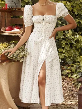 Women Floral Print Long Dress Summer Chic Short Sleeve Square Collar Split A Line Party Sundress Ladies Holiday Beach Vestidos - Image 2