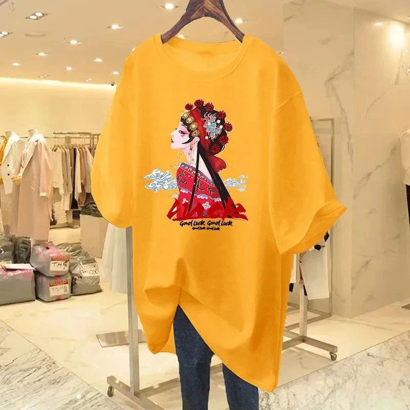 

Short-Sleeved Cotton T-Shirt Tops Women's Clothes Loose 2022 Summer New O-Neck Peking Opera Facebook T-Shirt Long Casual Female