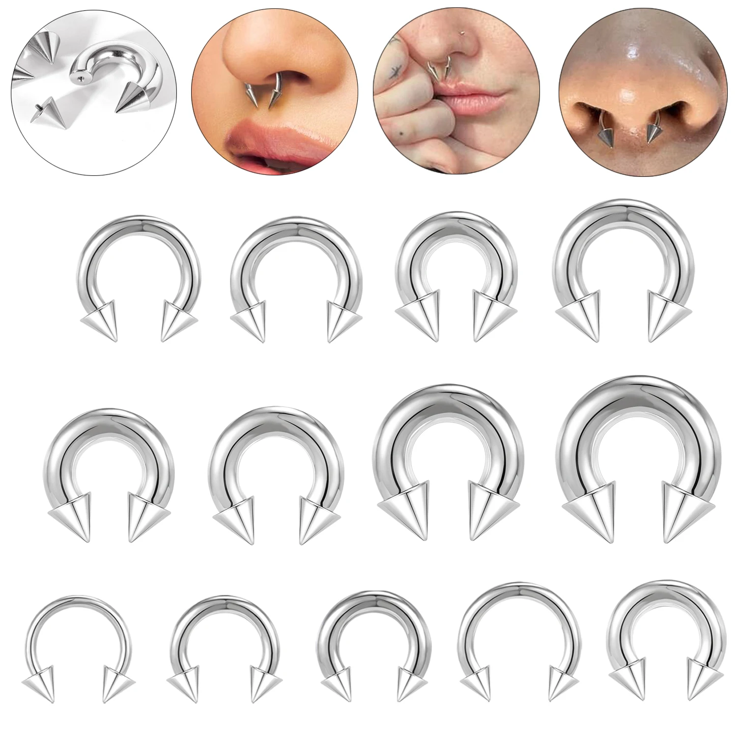 ZS 1PC 2/4/6/8G Spike Horseshoe Nose Ring Stainelss Steel Cone Large