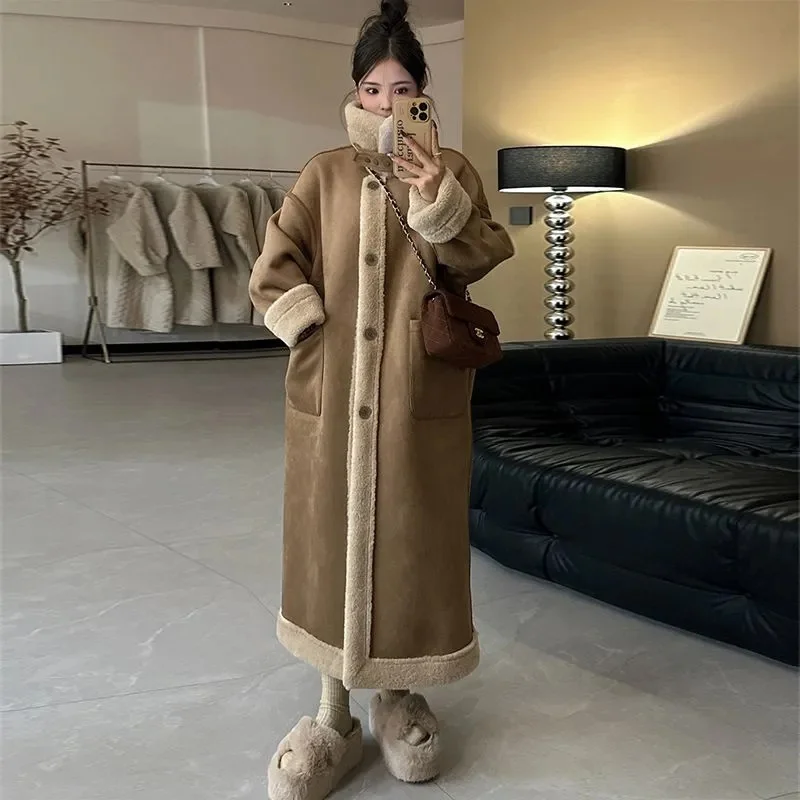 2024 Winter Thick Women Long Double sided Lamb Plush Suede Suit with Leather Fur Integrated Environmental Protection Fur Coat WF