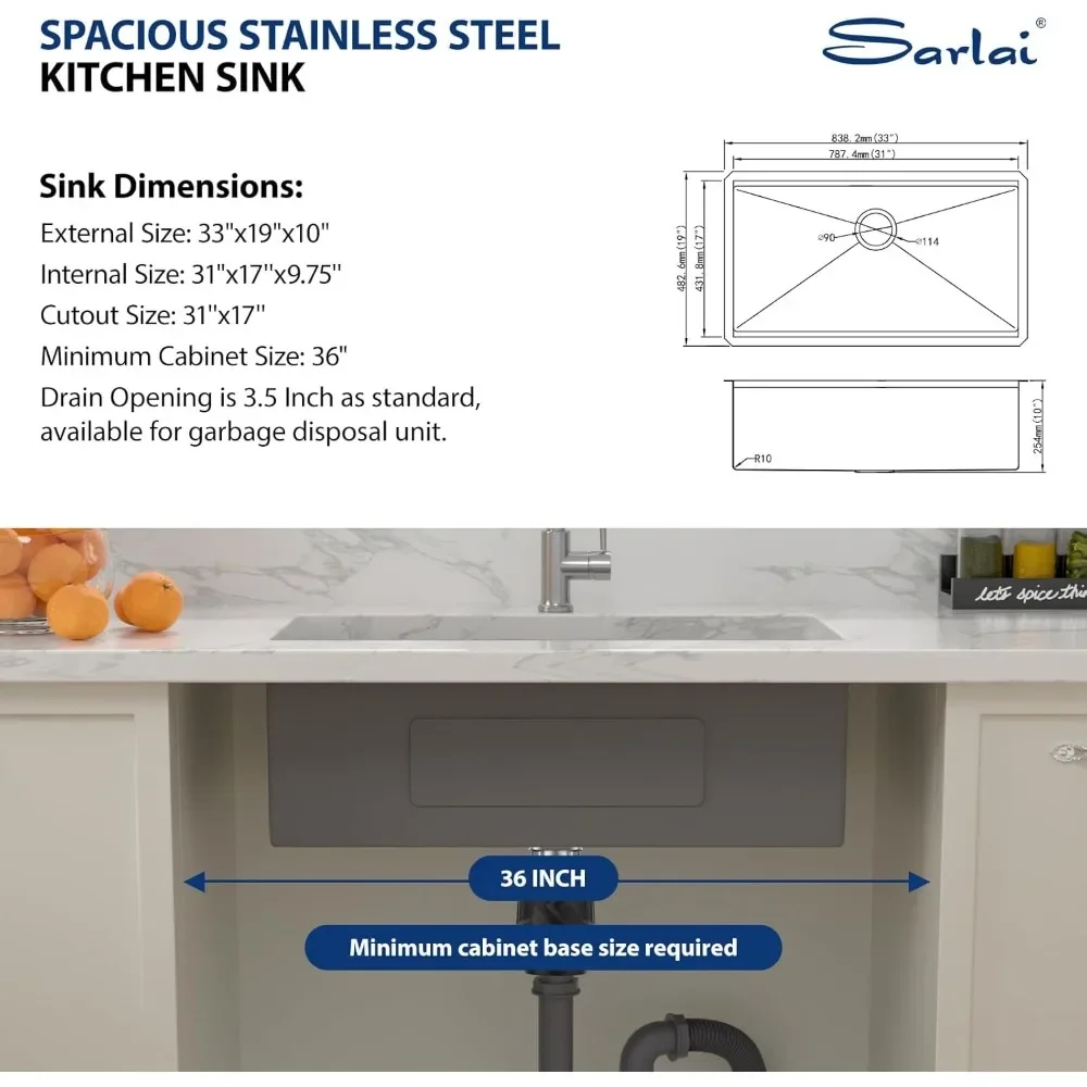 NEW-33 Kitchen Sink Undermount Gunmetal Black - 33x19 inch Kitchen Sink Ledge Workstation Gunmetal Black 16 Gauge Stainless Stee