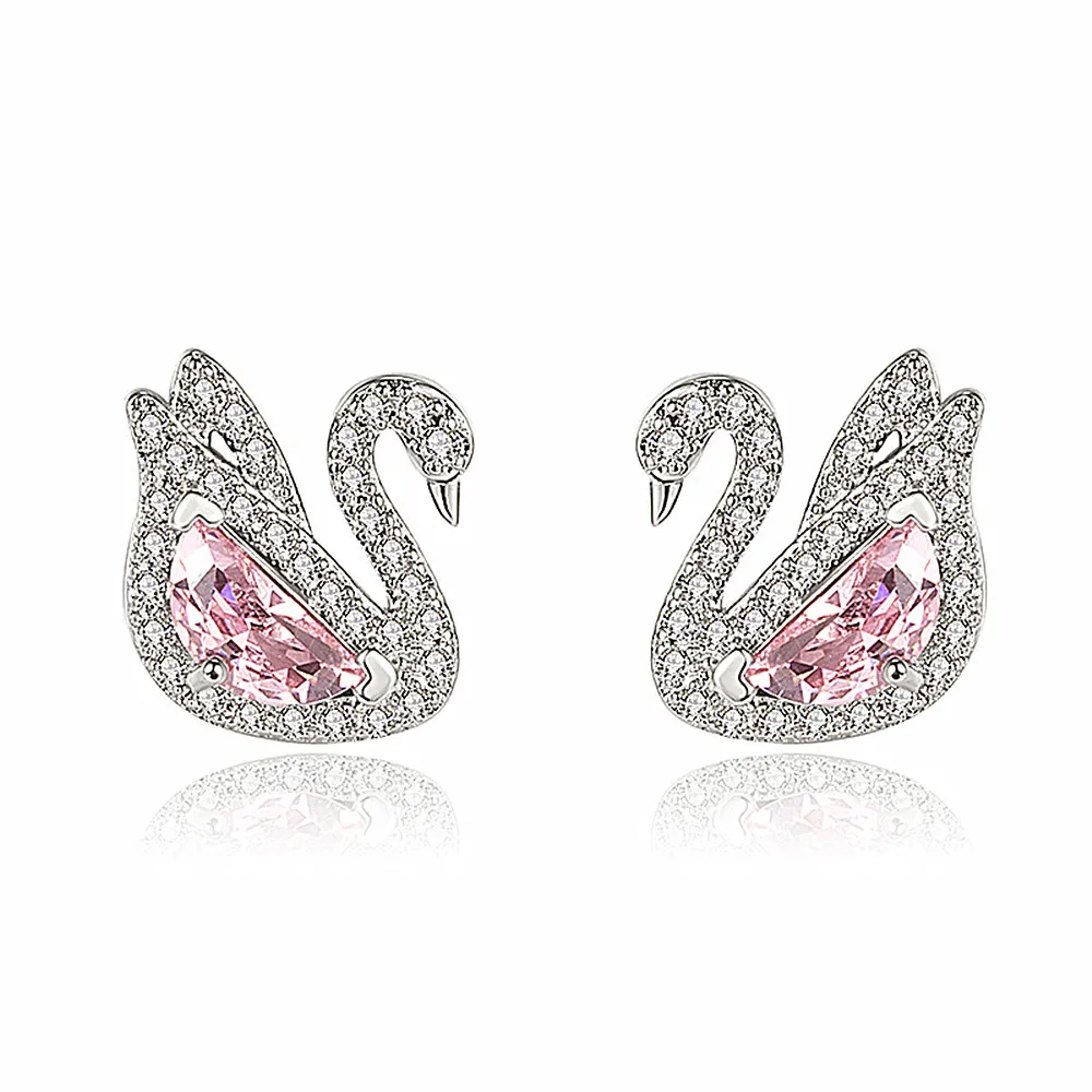 smvp Elegant Swan Pink Crystal Zircon Diamonds Gemstones Stud Earrings for Women Girl White Gold Color Fashion Jewelry Gifts