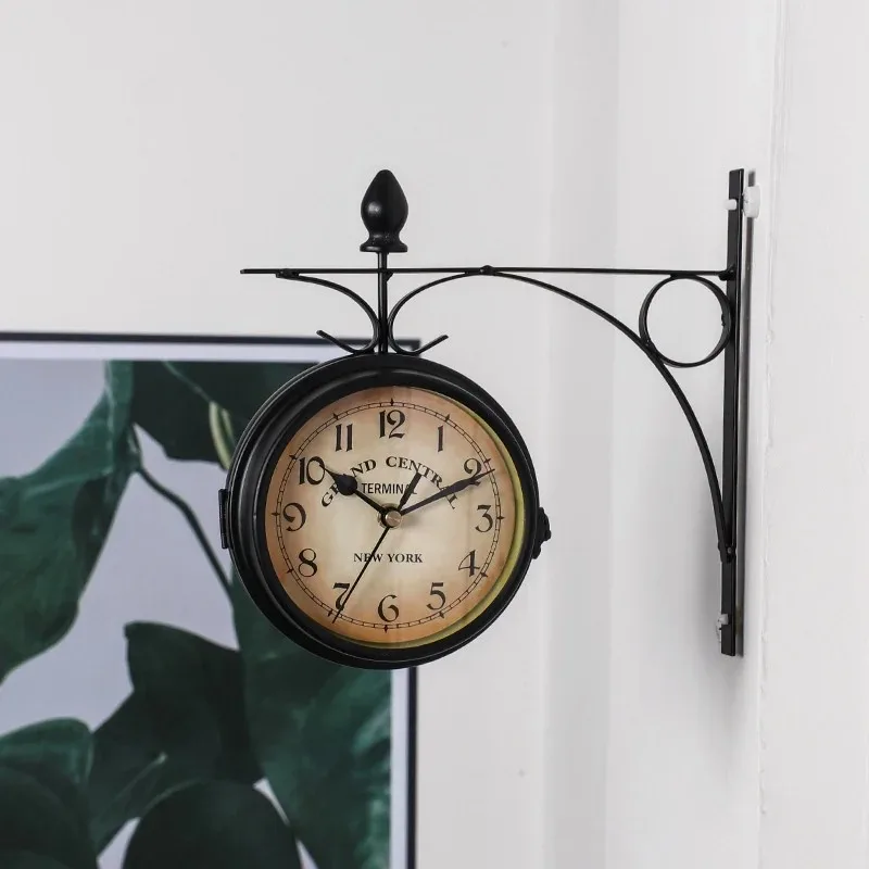 Relógio de parede ao ar livre pendurado retro dupla face alimentado por bateria montagem metal vintage jardim café bar decoração estação redonda