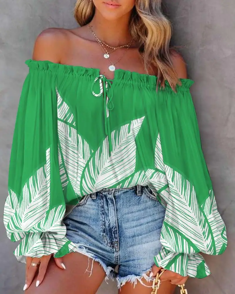 Description Picture 6 of itemSexy Slash Neck Off The Shoulder Strapless Lace Up Long Sleeve Floral Print Blouse Tops Summer Lady OL Workwear Blouse Shirts