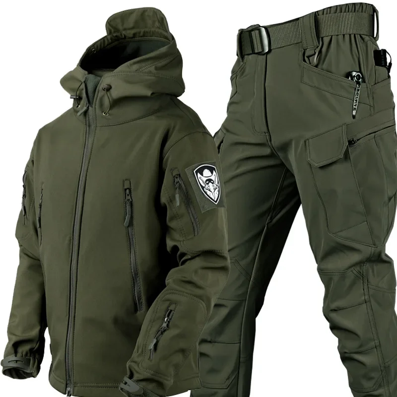 Autumn Winter Waterproof Tactical Sets Outdoor Hunting Soft Shell Hiking Hunting Jacket Suit Hooded Fleece Warm Tracksuits Set tactical suit winter jackets