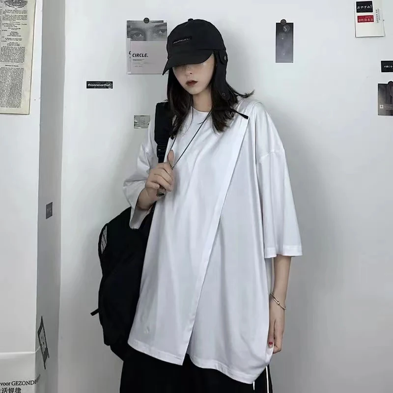 

Summer Slit Round Neck Short Sleeve Women Sweatshirt Fashion Hip Hop Punk Personality 2xl Oversized T Shirt Streetwear Top Black