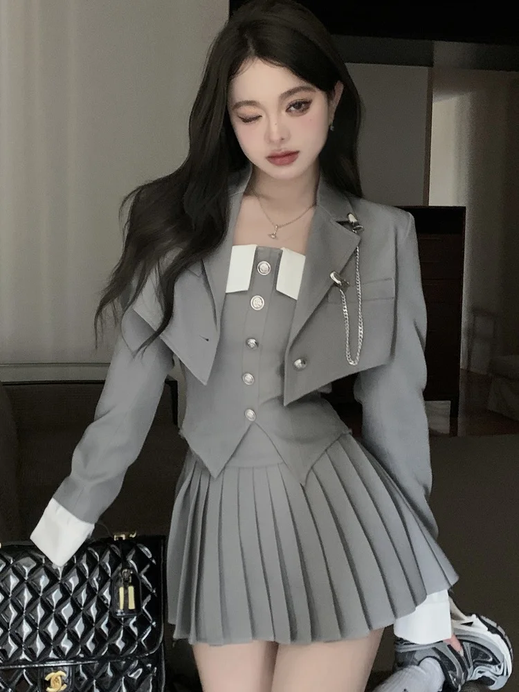 Pleated Skirt Suit Plaid Blazer Skirt Set Yellow Checkered Blazer