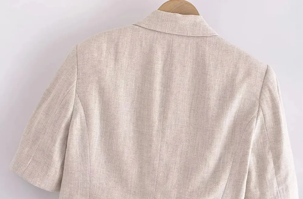 TRAF Women Fashion with Pockets Linen Cropped Blazer Coat Vintage Short Sleeve Front Button Female Outerwear Chic Casual Tops