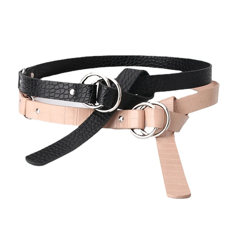 

Women's Belt Snakeskin Pattern Double Ring Round Buckle Suit Jacket Waist-Tight Decorative WaistBand Retro Ins Style Belts