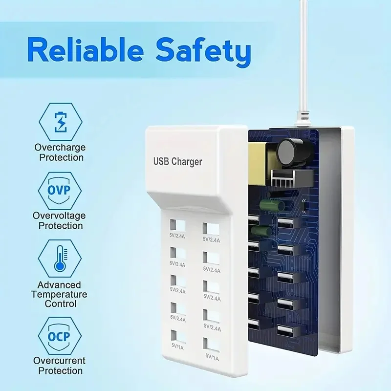 USB Charger 50W Multi-port 2.4A Mobile Phone Quick 10-Port Fast Charging Station Travel Adapter For Smart Phones plug adapter,power plug adapter