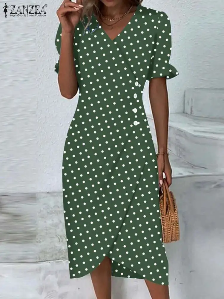 

ZANZEA 2024 Summer Polka Dot Dress Women Bohemain Sundress Elegant Casual Holiday Beach Vestidos Fashion V Neck Party Robe Femme